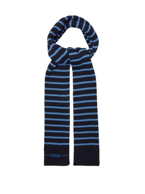 Matchesfashion.com Prada - Stripe Intarsia Wool Blend Scarf - Mens - Navy Multi