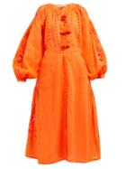 Matchesfashion.com Vita Kin - Broderie Anglaise Linen Dress - Womens - Orange
