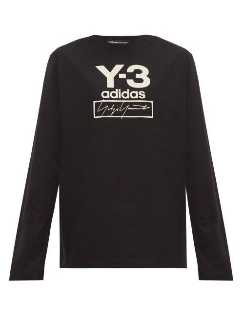 Matchesfashion.com Y-3 - Stacked Logo Long Sleeved Cotton T Shirt - Mens - Black