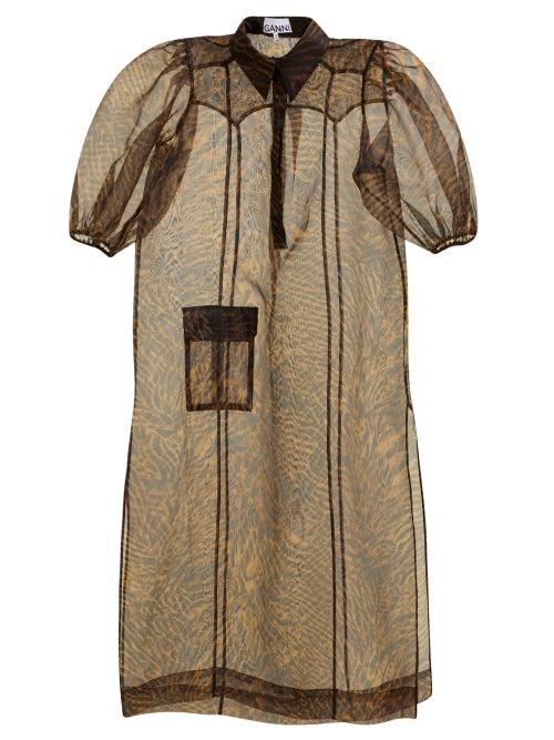 Matchesfashion.com Ganni - Zebra Print Organza Dress - Womens - Brown