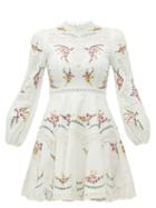Matchesfashion.com Zimmermann - Allia Floral Embroidered Linen Blend Mini Dress - Womens - White