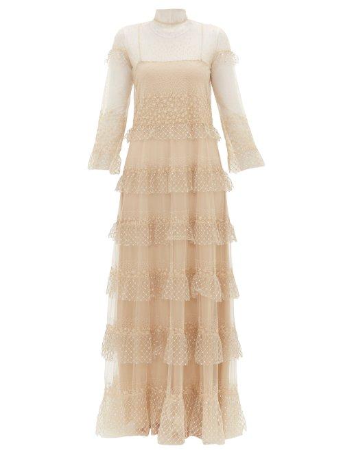 Matchesfashion.com Valentino - Beaded Tiered Tulle Gown - Womens - Gold