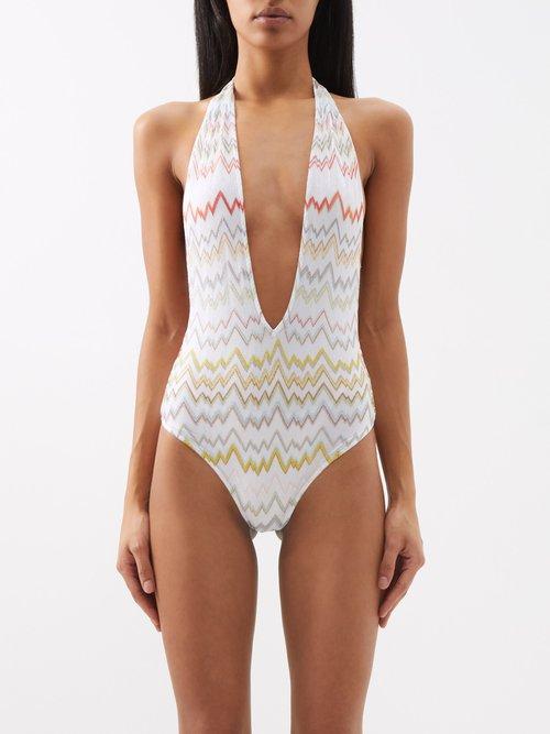 Missoni - Zigzag Halterneck Plunge Swimsuit - Womens - Multi