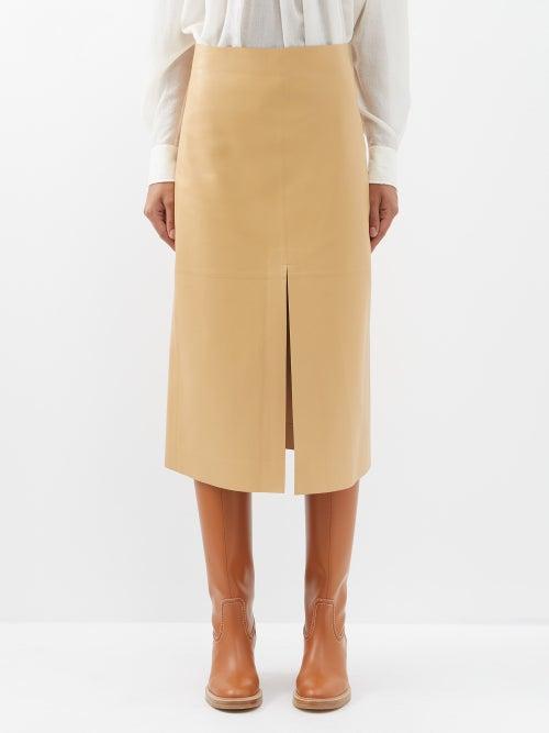 Chlo - Slit-front Leather Midi Skirt - Womens - Tan