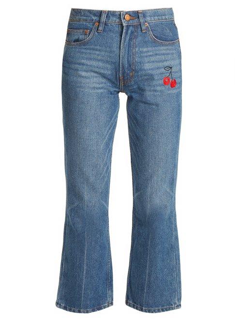 Matchesfashion.com Bliss And Mischief - Cherry Embroidered Mid Rise Flared Cropped Jeans - Womens - Denim