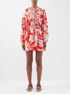 Matteau - Palm-print Gathered Silk Mini Dress - Womens - Red Print