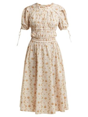 Matchesfashion.com Brock Collection - Orsolina Striped Floral Print Cotton Midi Dress - Womens - White Multi