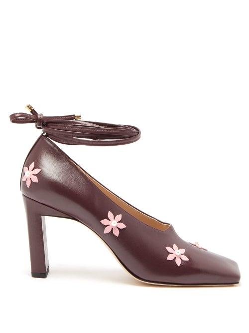 Matchesfashion.com Wandler - Isa Flower Embellished Square Toe Pumps - Womens - Burgundy Multi