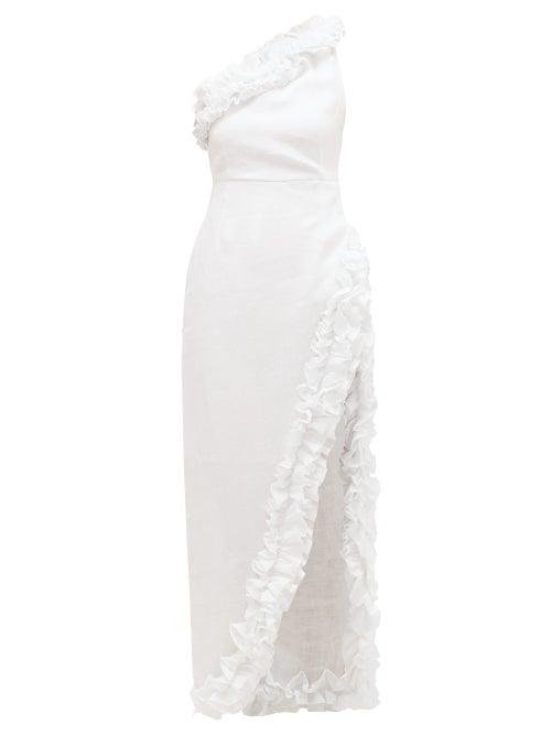 Matchesfashion.com Gl Hrgel - Ruffled One-shoulder Linen Dress - Womens - White