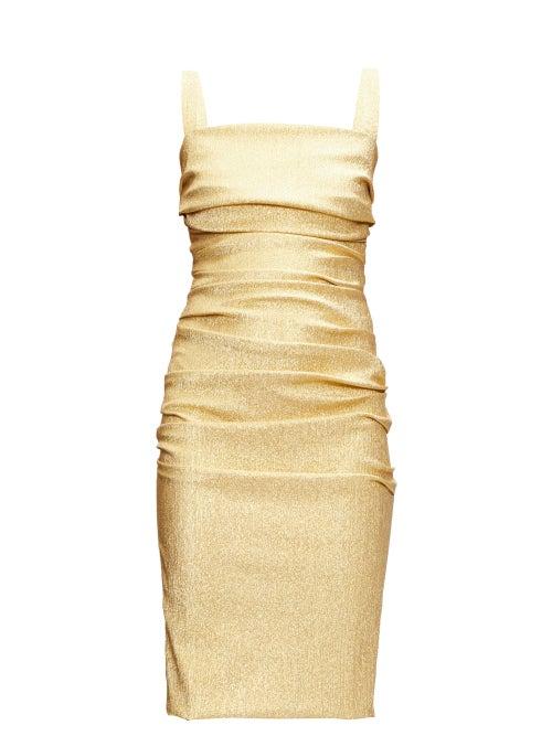 Matchesfashion.com Dolce & Gabbana - Square-neck Ruched Silk-blend Lam Dress - Womens - Gold