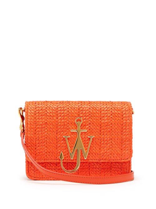 Matchesfashion.com Jw Anderson - Logo Plaque Raffia And Leather Cross Body Bag - Womens - Orange