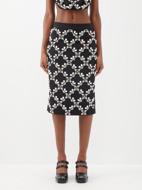 Shushu/tong - Crystal-embellished Wool-blend Midi Skirt - Womens - Black