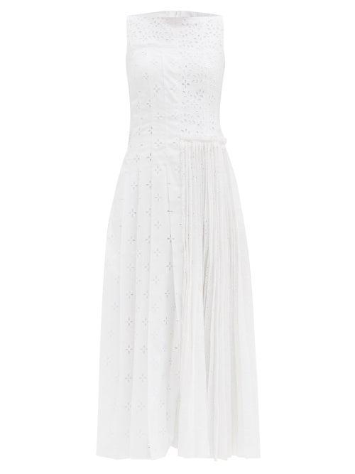 Erdem - Petra Boat-neck Pleated Broderie-anglaise Dress - Womens - White