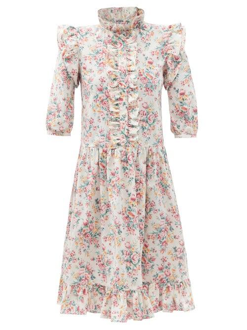 Ladies Rtw Batsheva - Claude Ruffled Floral-print Cotton-canvas Dress - Womens - Pink Multi