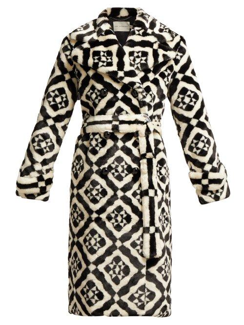 Matchesfashion.com Mary Katrantzou - Stokes Double Breasted Geometric Faux Fur Coat - Womens - Black White