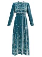 Matchesfashion.com Luisa Beccaria - Floral Embroidered Velvet Gown - Womens - Light Blue