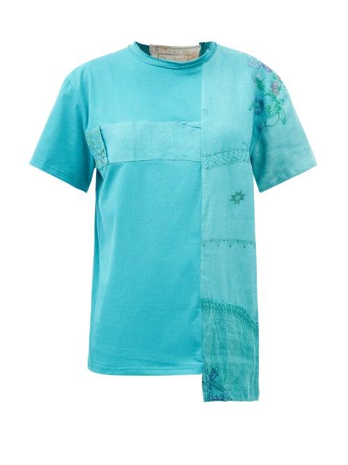 By Walid - Upcycled 1920s-patchwork Linen And Cotton T-shirt - Womens - Green Multi