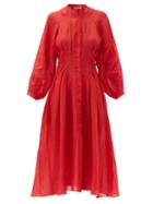Matchesfashion.com Three Graces London - Valeraine Pleated Ramie-poplin Dress - Womens - Red