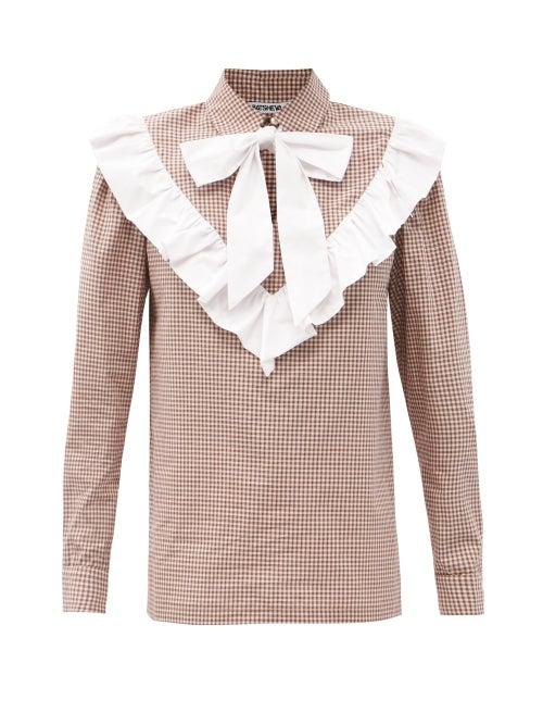 Matchesfashion.com Batsheva - Claude Pussy-bow Ruffled Gingham Cotton Blouse - Womens - Brown