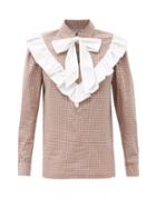 Matchesfashion.com Batsheva - Claude Pussy-bow Ruffled Gingham Cotton Blouse - Womens - Brown