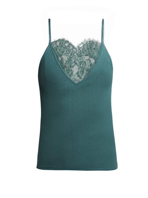 Matchesfashion.com Ryan Roche - Lace Trimmed Ribbed Knit Cashmere Camisole - Womens - Dark Green