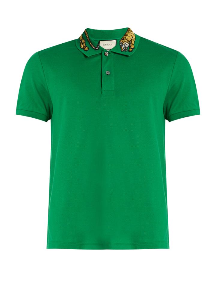 Gucci Tiger Embroidered-collar Piqu Polo Shirt