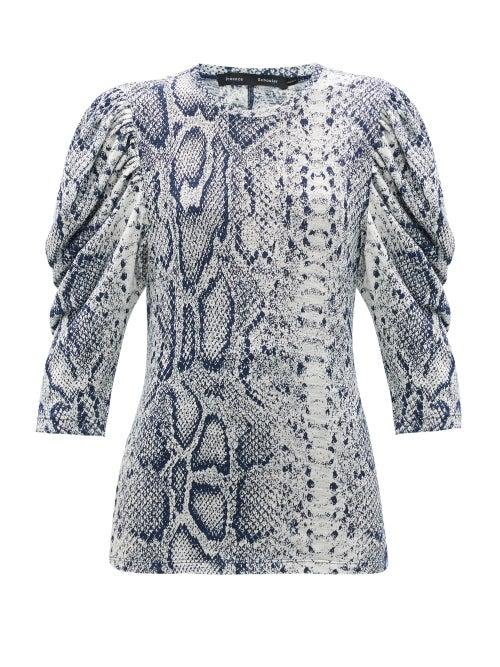 Ladies Rtw Proenza Schouler - Puffed-sleeve Snake-print Cotton T-shirt - Womens - Blue