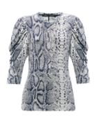 Ladies Rtw Proenza Schouler - Puffed-sleeve Snake-print Cotton T-shirt - Womens - Blue