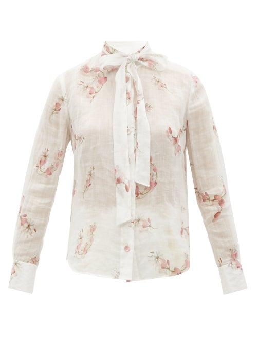Zimmermann - Dancer Sash-tie Floral-print Linen Blouse - Womens - Ivory Multi