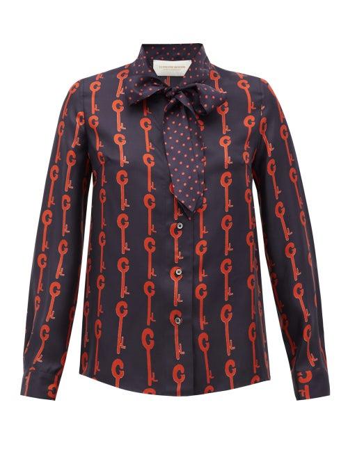 Matchesfashion.com La Prestic Ouiston - Montin Pussy-bow Good Luck-print Silk Blouse - Womens - Black Red