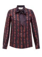 Matchesfashion.com La Prestic Ouiston - Montin Pussy-bow Good Luck-print Silk Blouse - Womens - Black Red