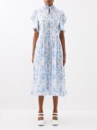 Horror Vacui - Leandra Floral-print Cotton-poplin Midi Dress - Womens - White Blue