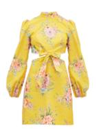 Matchesfashion.com Zimmermann - Zinnia Floral-print Cut-out Linen-blend Mini Dress - Womens - Yellow Print