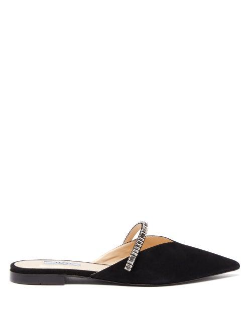 Matchesfashion.com Prada - Crystal Embellished V Cut Suede Mules - Womens - Black