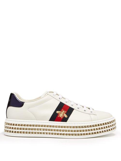 Matchesfashion.com Gucci - New Ace Crystal Embellished Leather Trainers - Womens - White