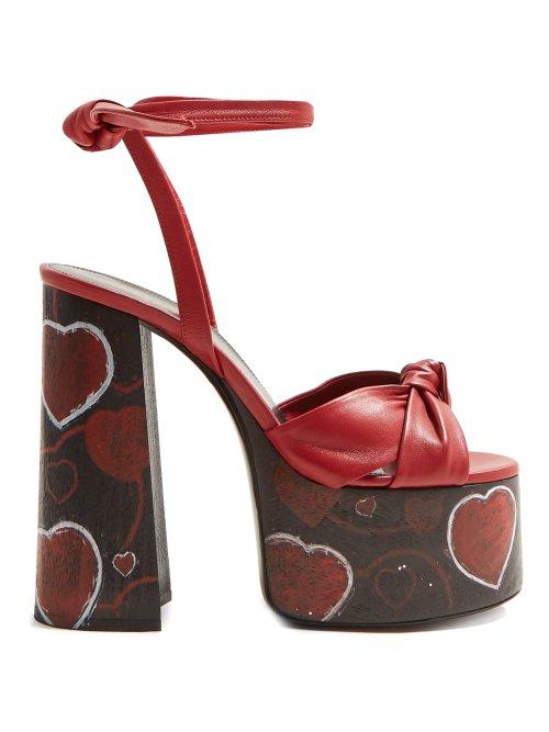 Matchesfashion.com Saint Laurent - Paige Heart Print Platform Leather Sandals - Womens - Red