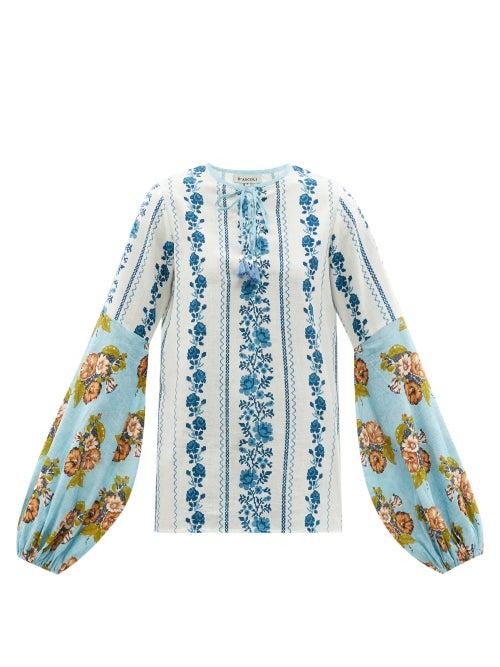 Ladies Beachwear D'ascoli - Zora Floral-print Cotton-khadi Blouse - Womens - Blue