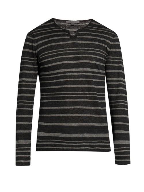 John Varvatos Striped V-neck Linen-jersey Sweater