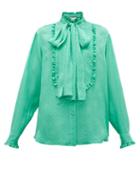 Matchesfashion.com Gucci - Ruffled Floral Jacquard Silk Pussybow Blouse - Womens - Green