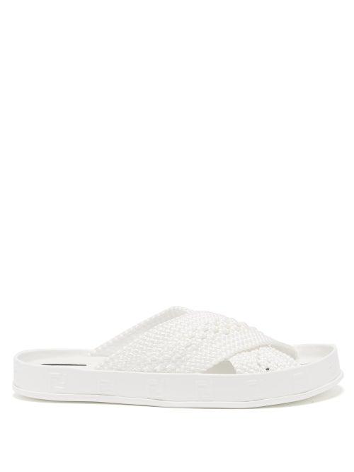 Ladies Shoes Fendi - Reflections Ff-logo Faux-raffia Slides - Womens - White