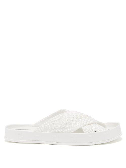 Ladies Shoes Fendi - Reflections Ff-logo Faux-raffia Slides - Womens - White