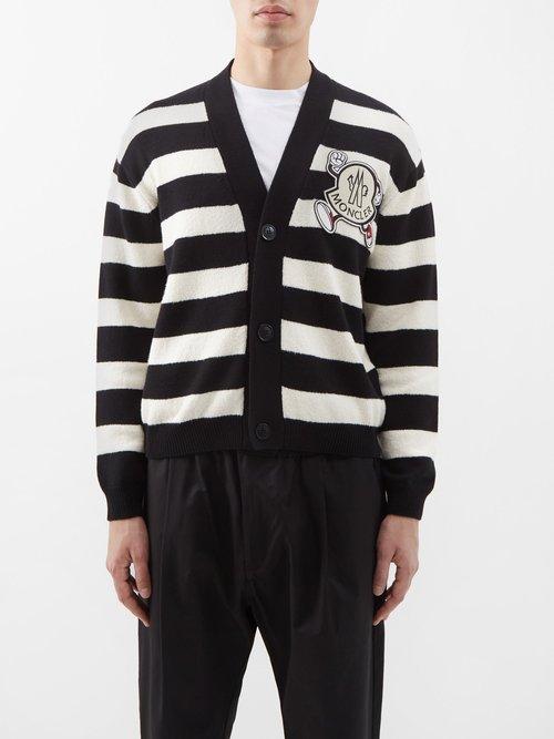 Moncler - Logo-patch Striped Cotton-blend Cardigan - Mens - Black Stripe
