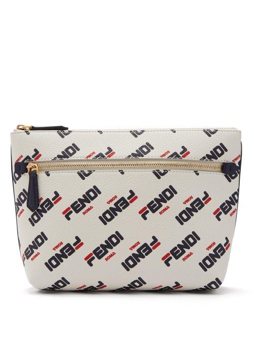 Matchesfashion.com Fendi - Mania Logo Print Leather Pouch - Womens - White Multi