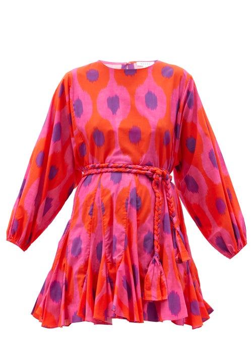 Matchesfashion.com Rhode - Ella Belted Ikat-print Cotton Mini Dress - Womens - Pink Multi