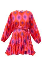 Matchesfashion.com Rhode - Ella Belted Ikat-print Cotton Mini Dress - Womens - Pink Multi