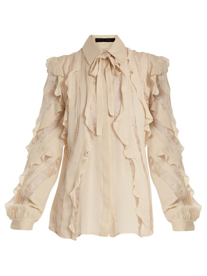Elie Saab Lace-insert Ruffled Silk-blend Shirt