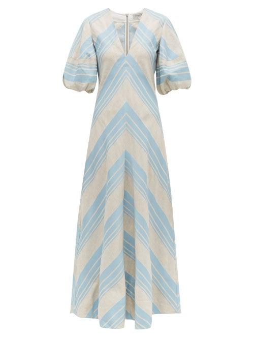 Matchesfashion.com Lee Mathews - Tilda Chevron Print Linen Blend Maxi Dress - Womens - Light Blue