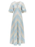 Matchesfashion.com Lee Mathews - Tilda Chevron Print Linen Blend Maxi Dress - Womens - Light Blue