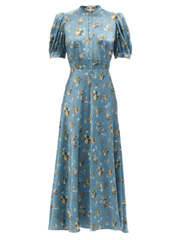 Brock Collection - Tracy Puff-sleeve Floral-print Silk-crepe Dress - Womens - Light Blue