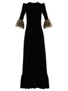 Matchesfashion.com The Vampire's Wife - Festival Lace Trimmed Velvet Midi Dress - Womens - Black Gold